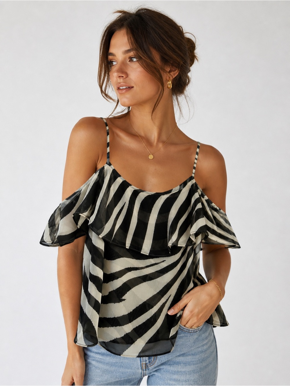 SHOW ME YOUR MUMU ABRIA RUFFLE TOP Zebra Striped Size Small